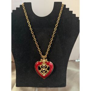 Avon Red Enamel Heart Pendant Necklace Gold Tone Faux Pearl Vintage